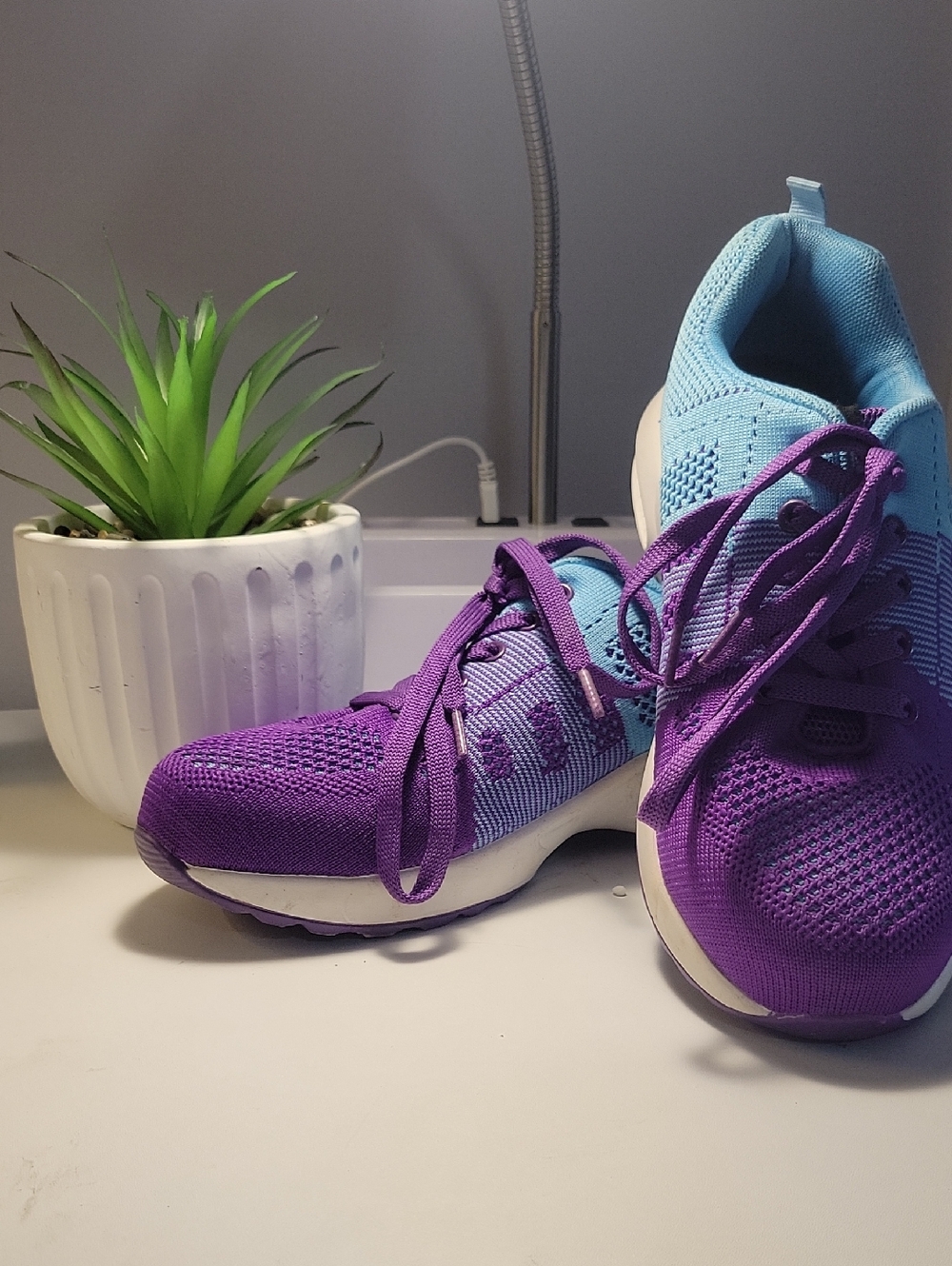Women’s Breathable Purple & Light Blue Knit Steel Toe Sneakers